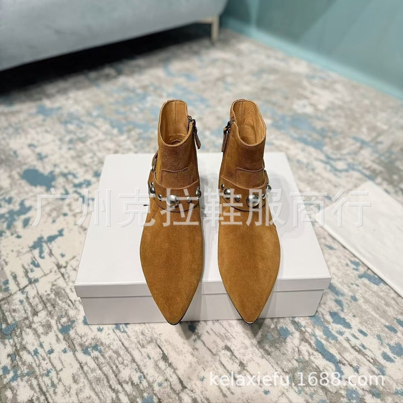 High-Definition 2025 Cow Suede Pointed Toe Flats Bottom Side Zipper Rivets Western Cowboy Boots Boots Single Boots - Image 3